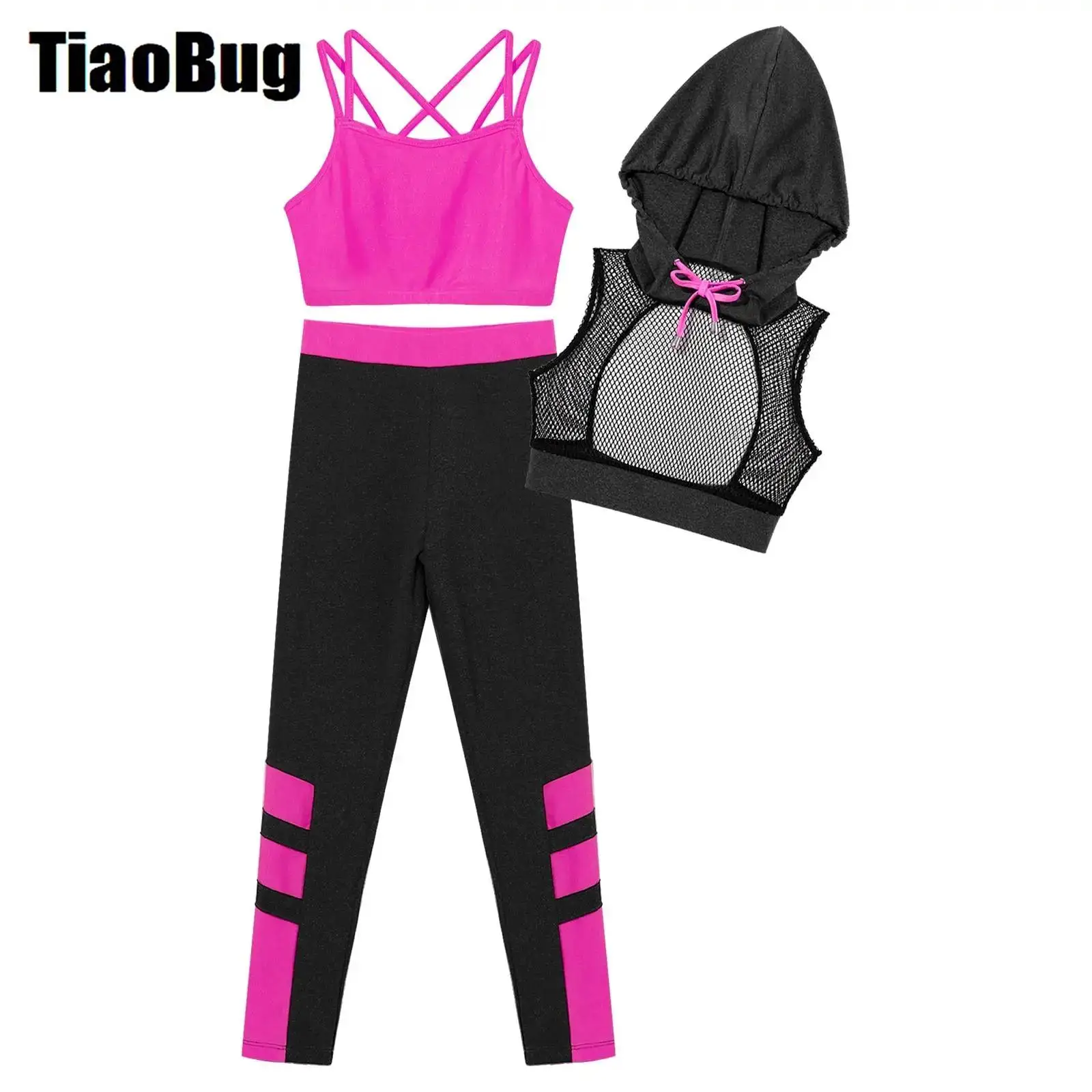 Kids Girls Stylish Swimsuit Sport Set Camisole Hooded Mesh Crop Vest And Elastic Waistband Leggings Suit for Dance Sports