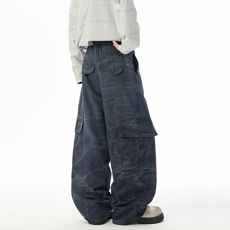 Simple New Mens Casual Pants Water Ripple Pattern Side Pockets Contrast Color Loose Wide Leg Male Curved Knife Pants 9KHZG