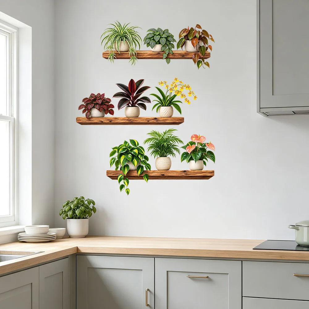 Vinilos decorativos para pared con motivos botánicos, plantas verdes en macetas, hojas, adhesivos para estanterías de madera, para la cocina, el salón, decoración de naturaleza para el hogar.