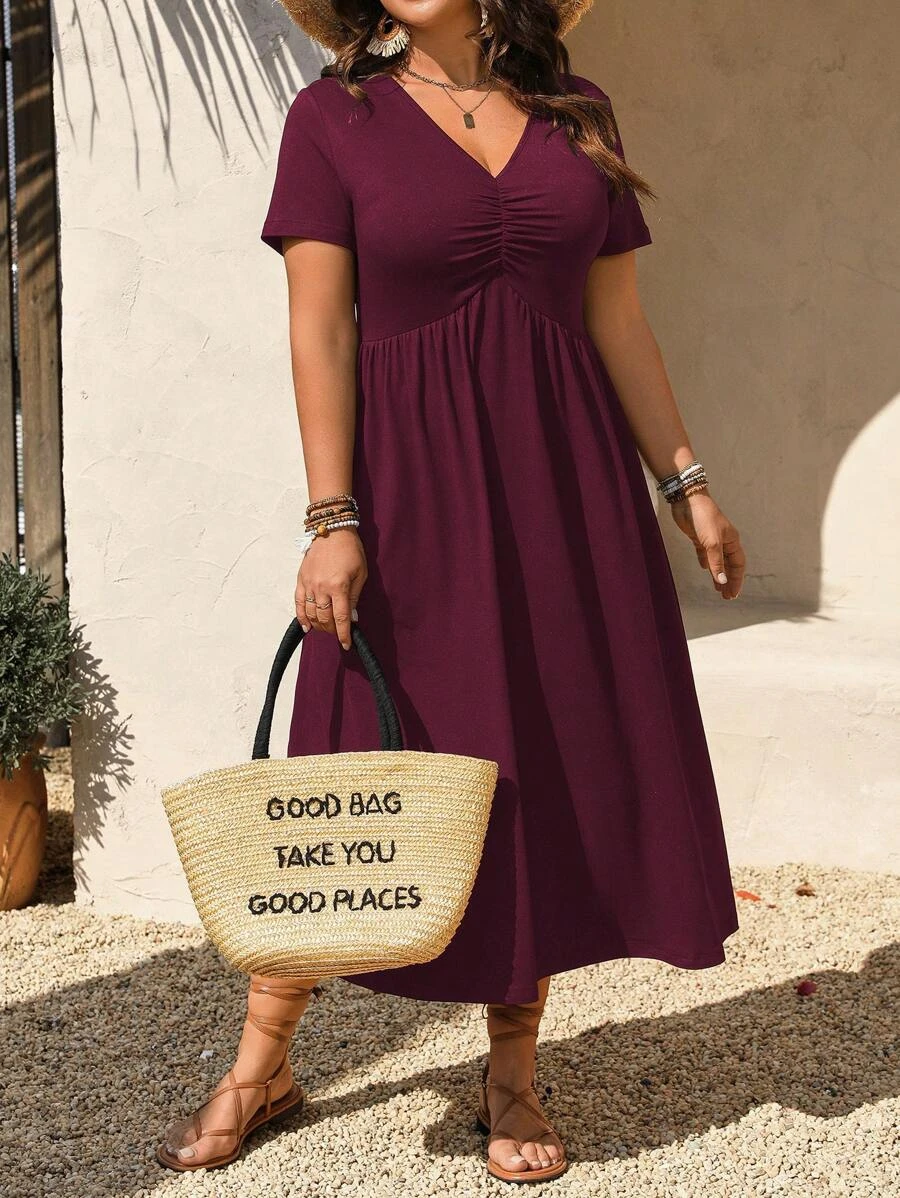 

Новое летнее поступление, элегантное повседневное трикотажное платье больших размеров с v-образным вырезом и короткими рукавами