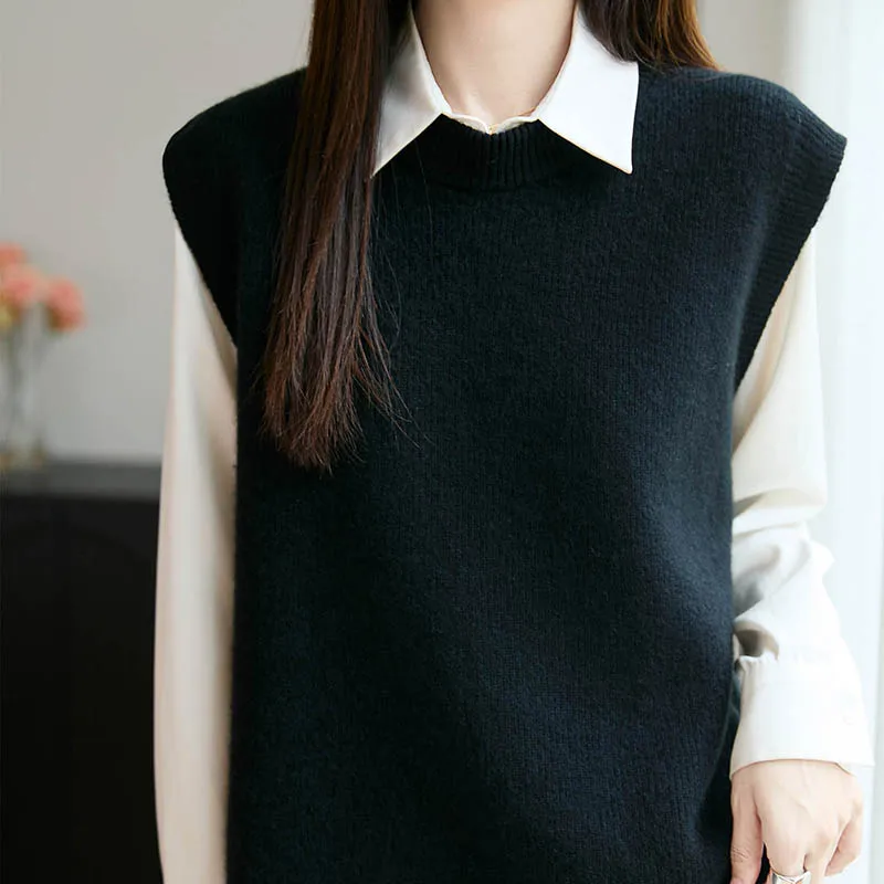 Новый пуловер, жилет из 100% мериносовой шерсти для женщин, однотонный вязаный свитер с круглым воротником, осень-зима, повседневный, удобный, приятный для кожи