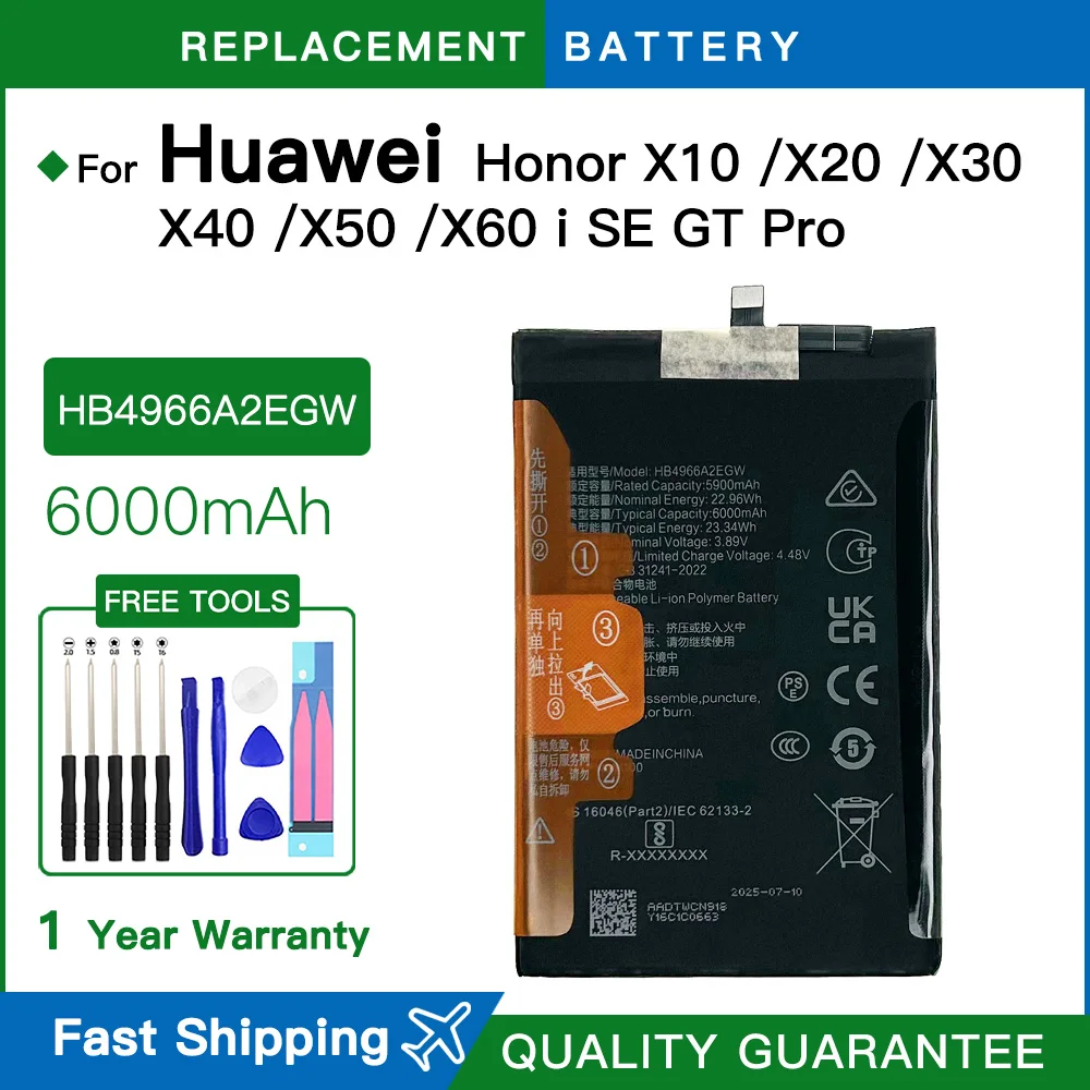 Brand new HB4966A2EGW 6000mAh replacement Battery For Huawei Honor X10 /X20 /X30 /X40 /X50 /X60 i SE GT Pro batteria +Free Tools
