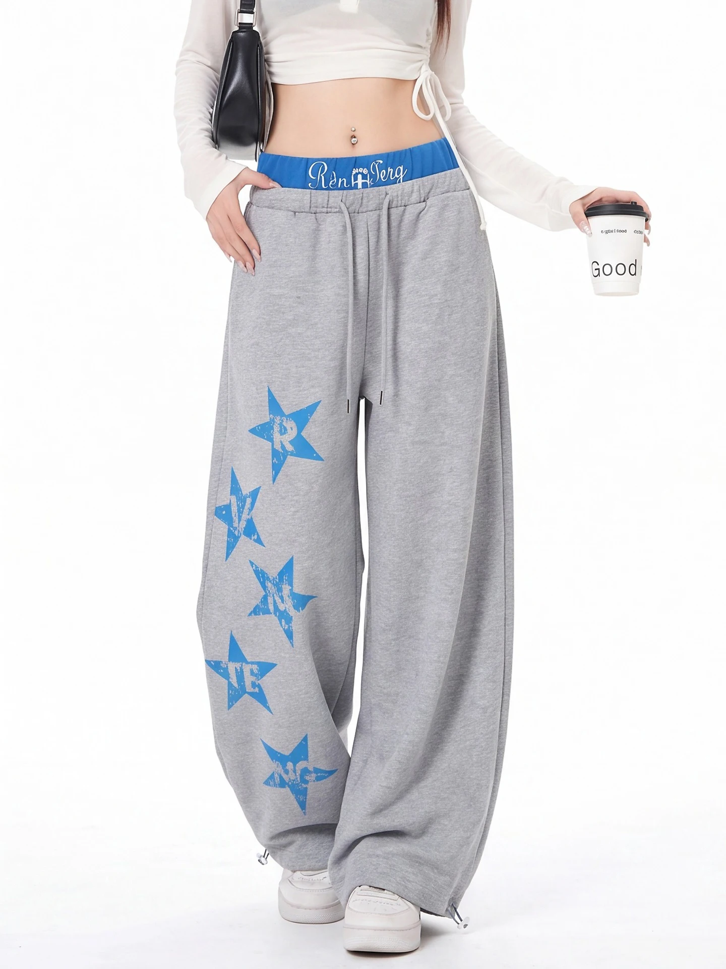 American Retro Star Print Wide Leg Pants Women Loose Design Casual Trousers Double Waist Head Trendy Brand Cotton Polyester B...