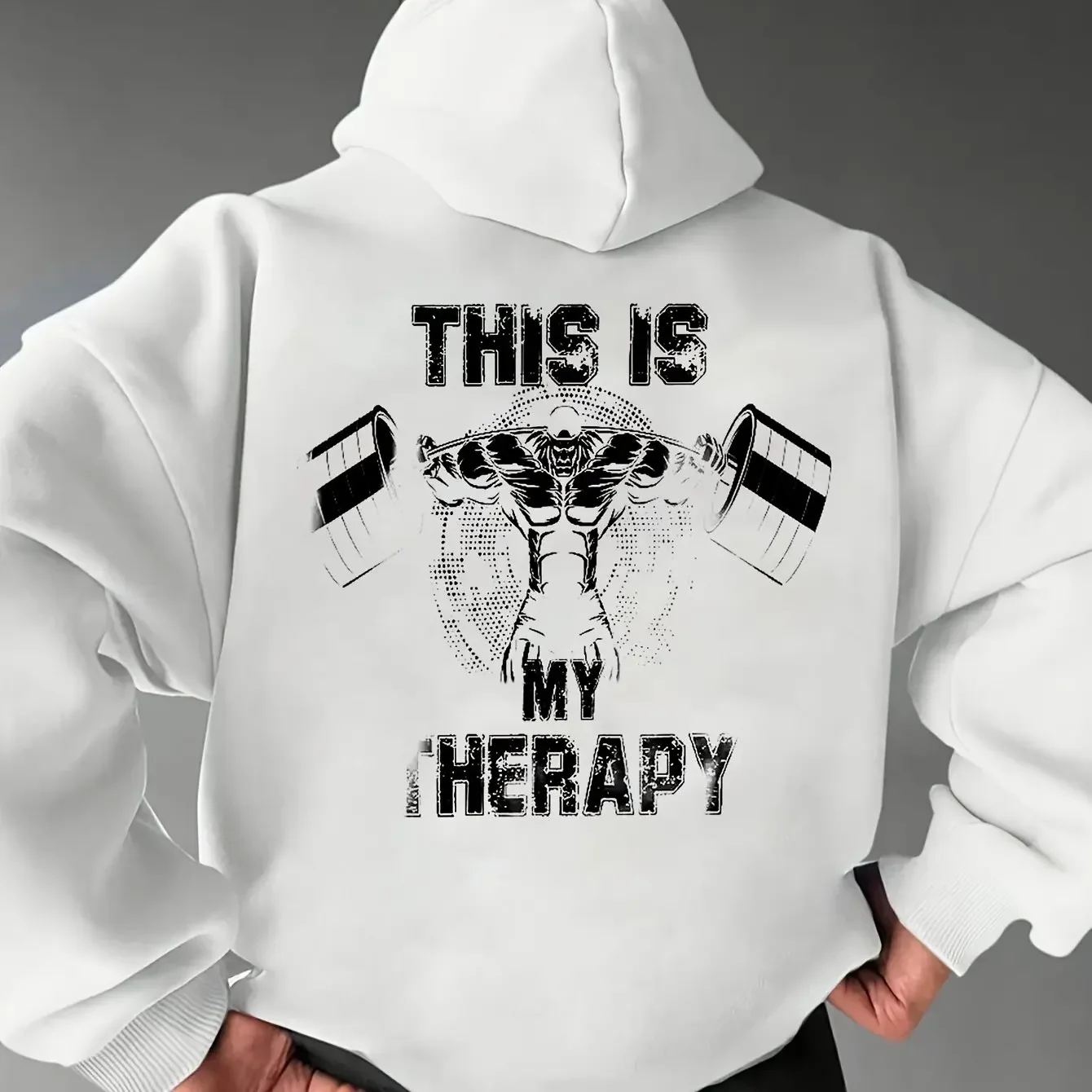 Men's Autumn/winter Fleece Hooded Sweatshirt with Prints of Weightlifting Muscle Men and Dumbbells Loose-fitting Pullover