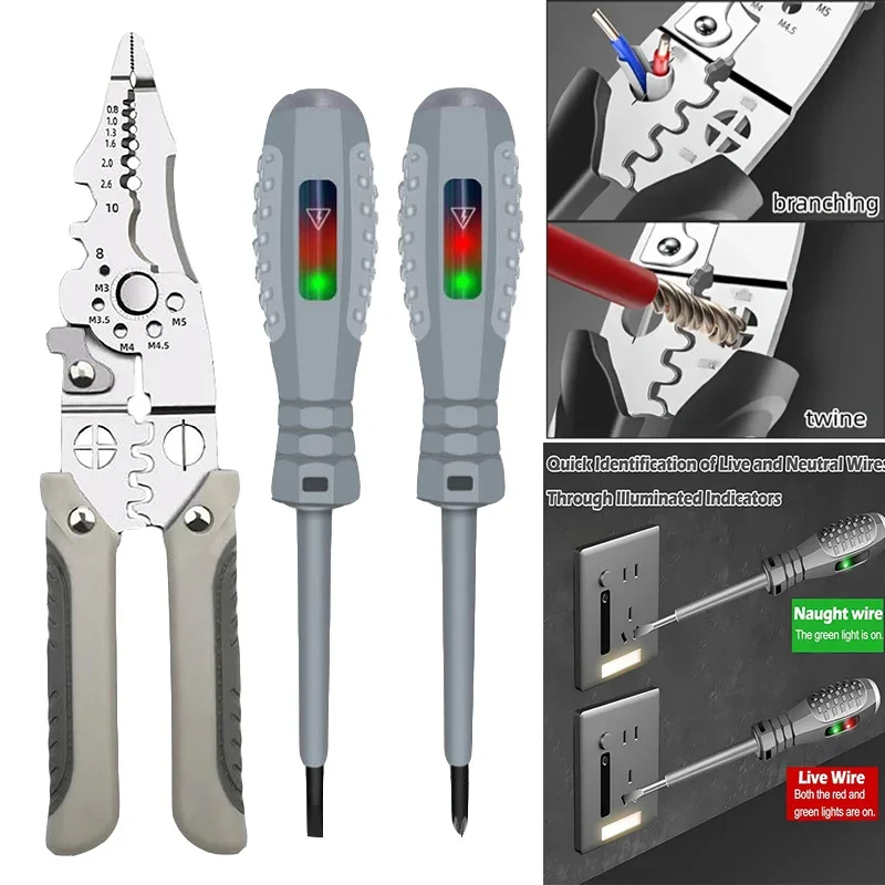 

3pcs Professional Electricians Hand Tools 8 Inch Wire Stripper Twister Wire Crimping Plier with 2pcs Electric Voltage Tester Pen