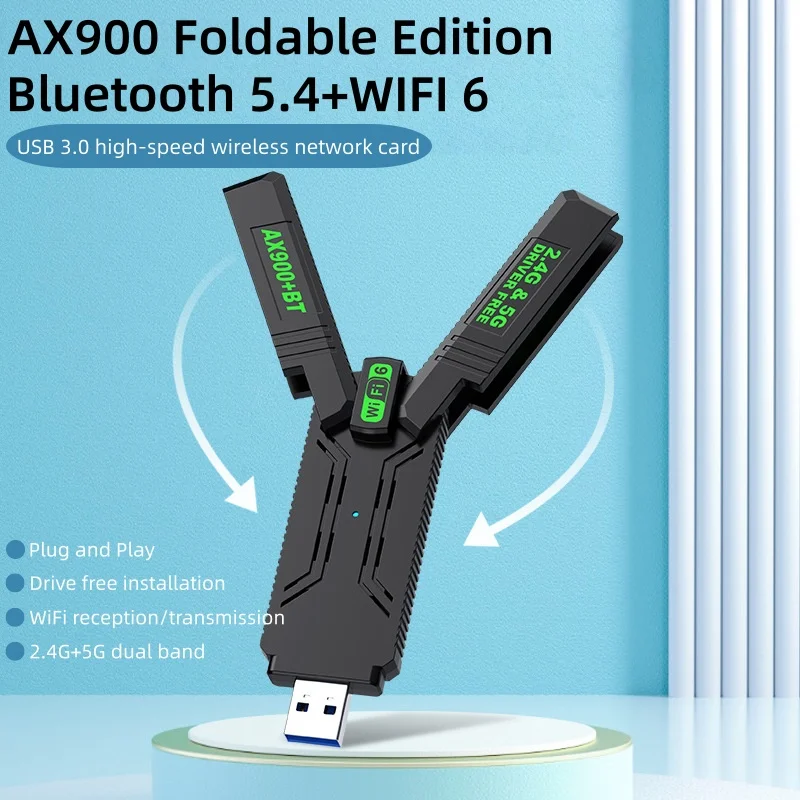 

AX900 WiFi6 Bluetooth5.4 USB Wireless Adapter Dual Band 2.4/5G 4 Antenna Folding USB3.0 Drive Free Network Receiver for Win10/11