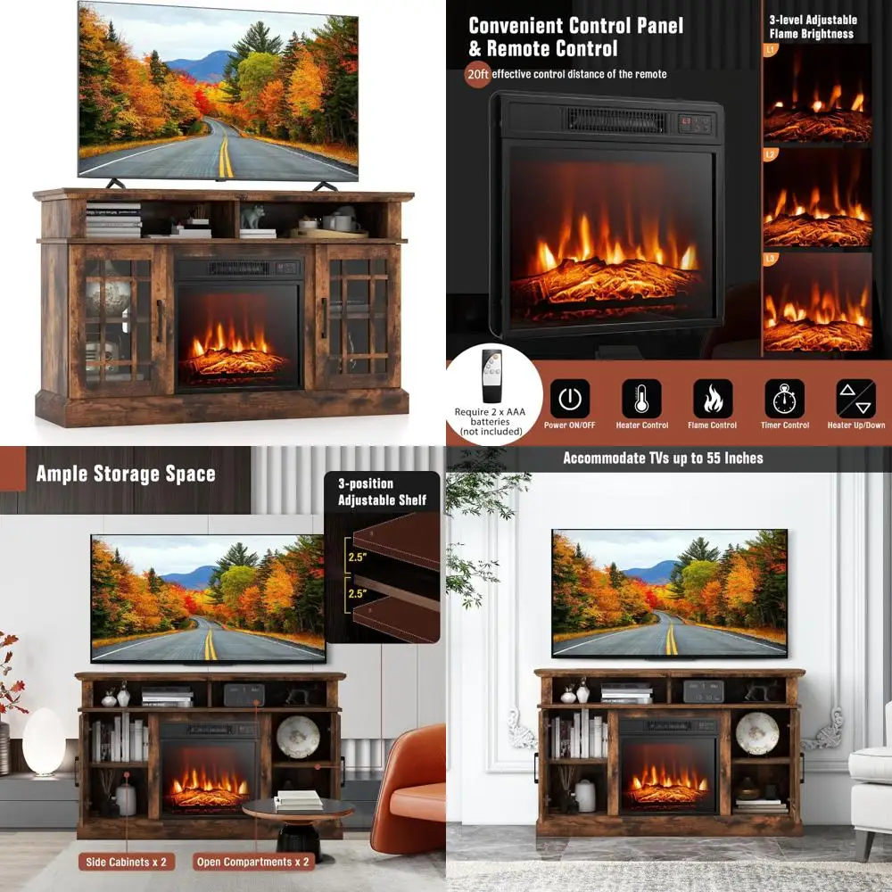 

Wooden TV Stand with Electric Fireplace for 55 TVs, Freestanding Entertainment Center, 48 Console Length, High-Quality Home Furn