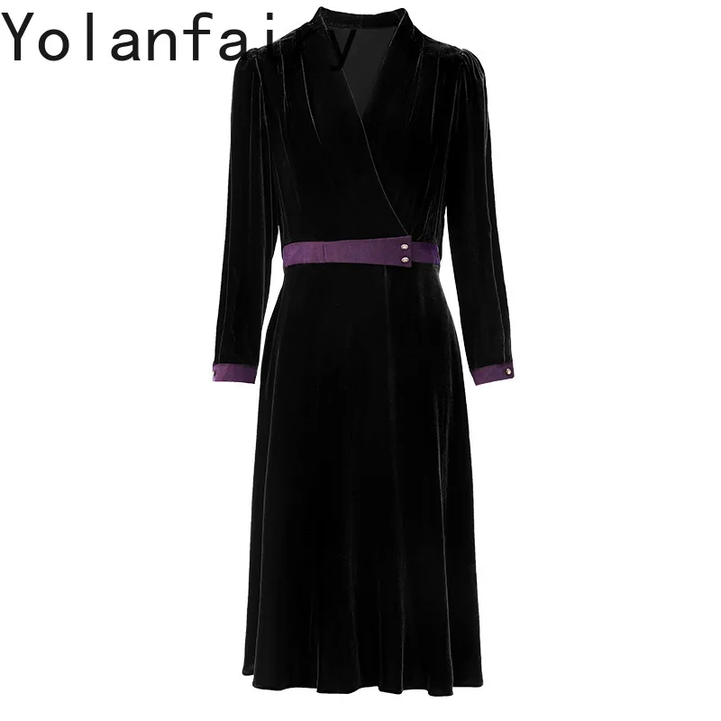 

YOLANFAIRY 2025 Autumn Winter Elegant Silk Velvet Dress for Woman Cinched Waist Mulberry Silk Dresses Woman Birthday Dresses 원피스