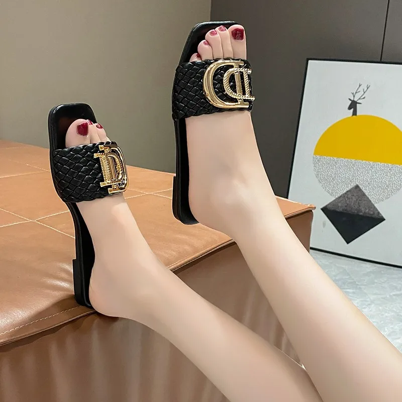 Sandalias planas de diseño de tejido de lujo para mujer, zapatos de punta abierta para vacaciones, zapatillas