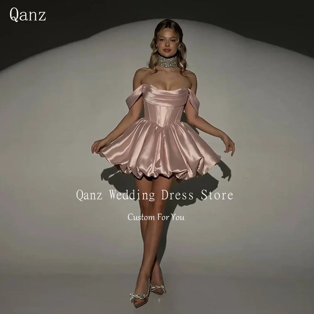 Qanz Blush Pink Satin Prom Dresses Off The Shoulder Short A Line Birthday Dress For Woman Mini Vestidos De Graduación Customized