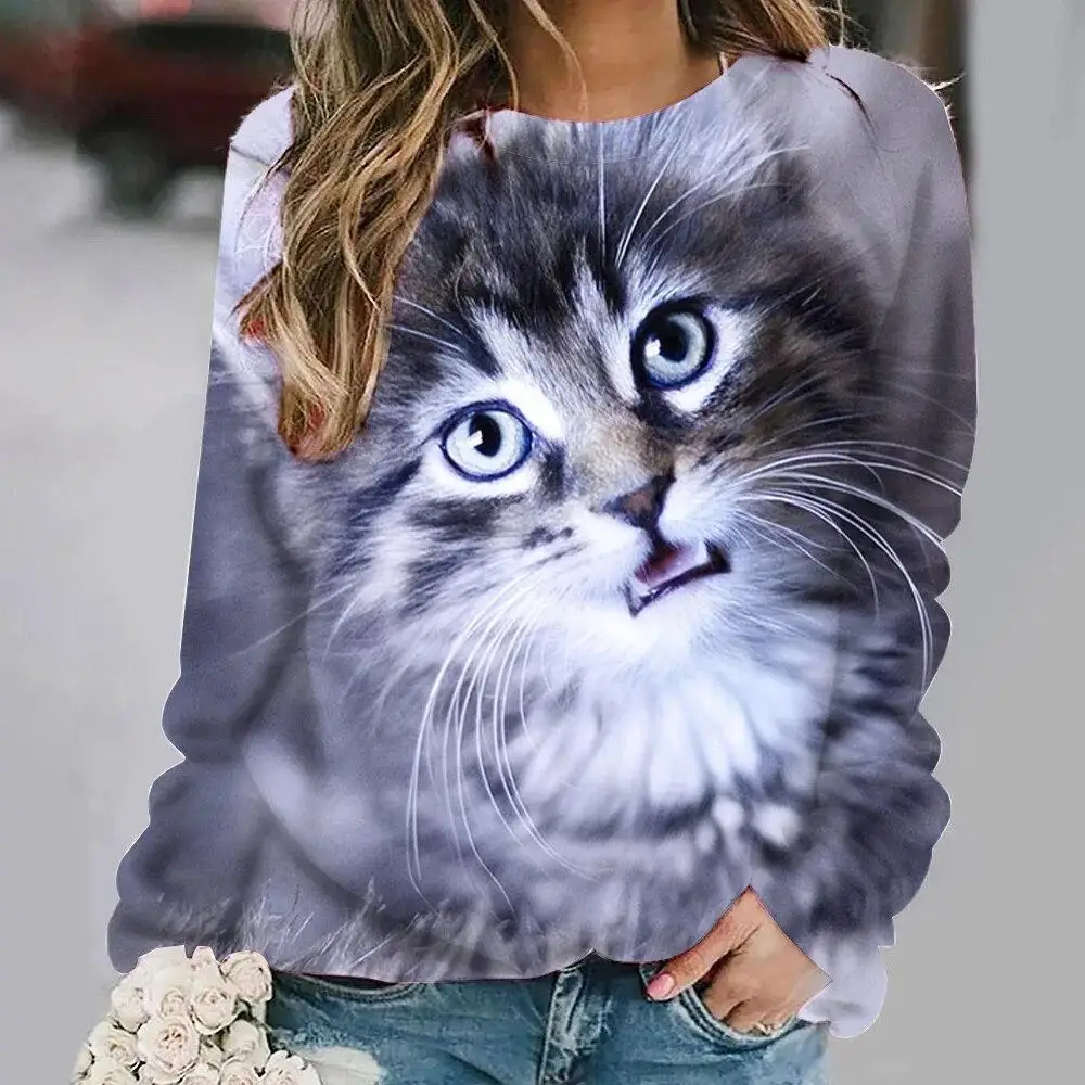 

New Cute And Realistic Cat 3d Digital Printing European And American Style Round Neck Sleeve Long Sleeve HoodieWA2