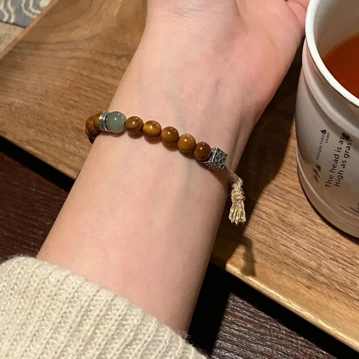 Natural Cook Handmade Hand Rope Men's and Women's Half Rope Half Round Bead Jade Bracelet Retro WenPlay Plate String All-Match