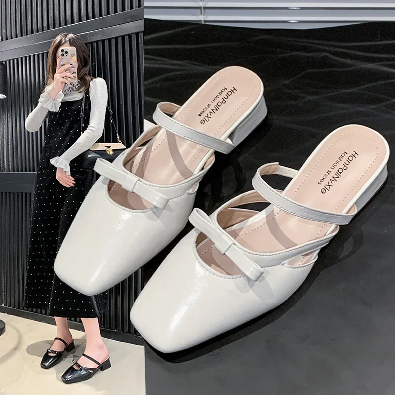 

2025 Mary Jane Baotou Half Slippers Fashion Summer New Style Shallow Mouth Coarse Heel with Skirt Single Shoes Slippers Women