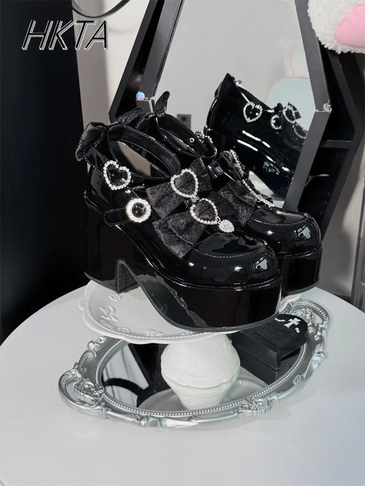 

Handmade Rhinestone Patent Leather Black Mary Jane Single Shoes Women Sweet Elegant Summer Round Head Square Heel Shoes Ladies