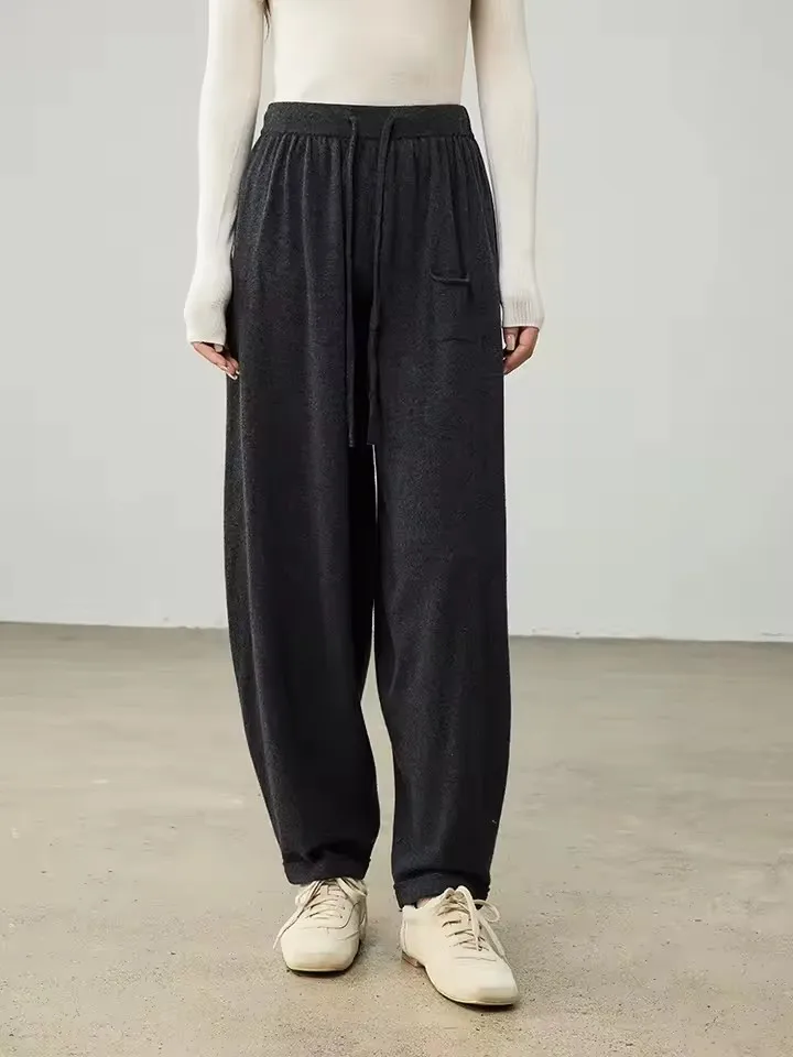 Birdtree-100% Sheep Wool Knited Drawstring Pants, Elastic Waist Pocket, Women Commute Lantern Trousers, 2026 Spring New B62201CC