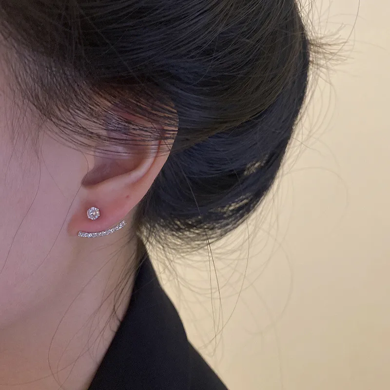 Trend Classic Zirconia Women Stud Earrings Silver Color Two Way Wear Wedding Studs Ear Simple Party Nightclub Jewelry