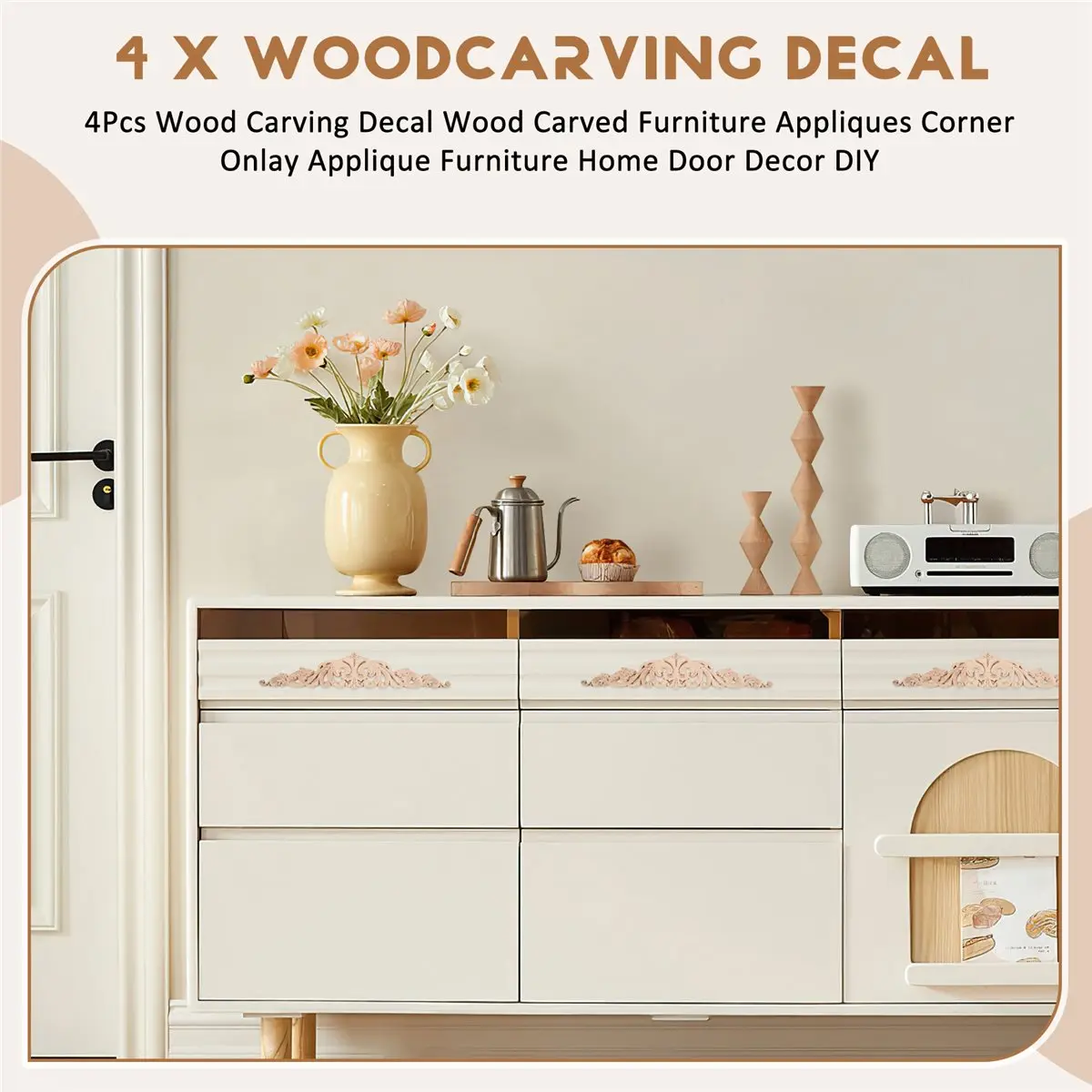 

REST 4Pcs Wood Carving Decal Wood Carved Furniture Appliques Corner Onlay Applique Furniture Home Door Decor DIY