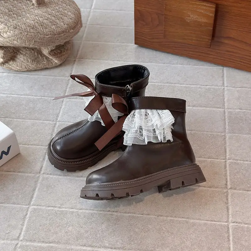الفتيات فروي الدانتيل الجلود حذاء من الجلد لخريف شتاء 2025 الأميرة نمط أحذية بوت قصيرة العصرية الاطفال أحذية الشتاء #5