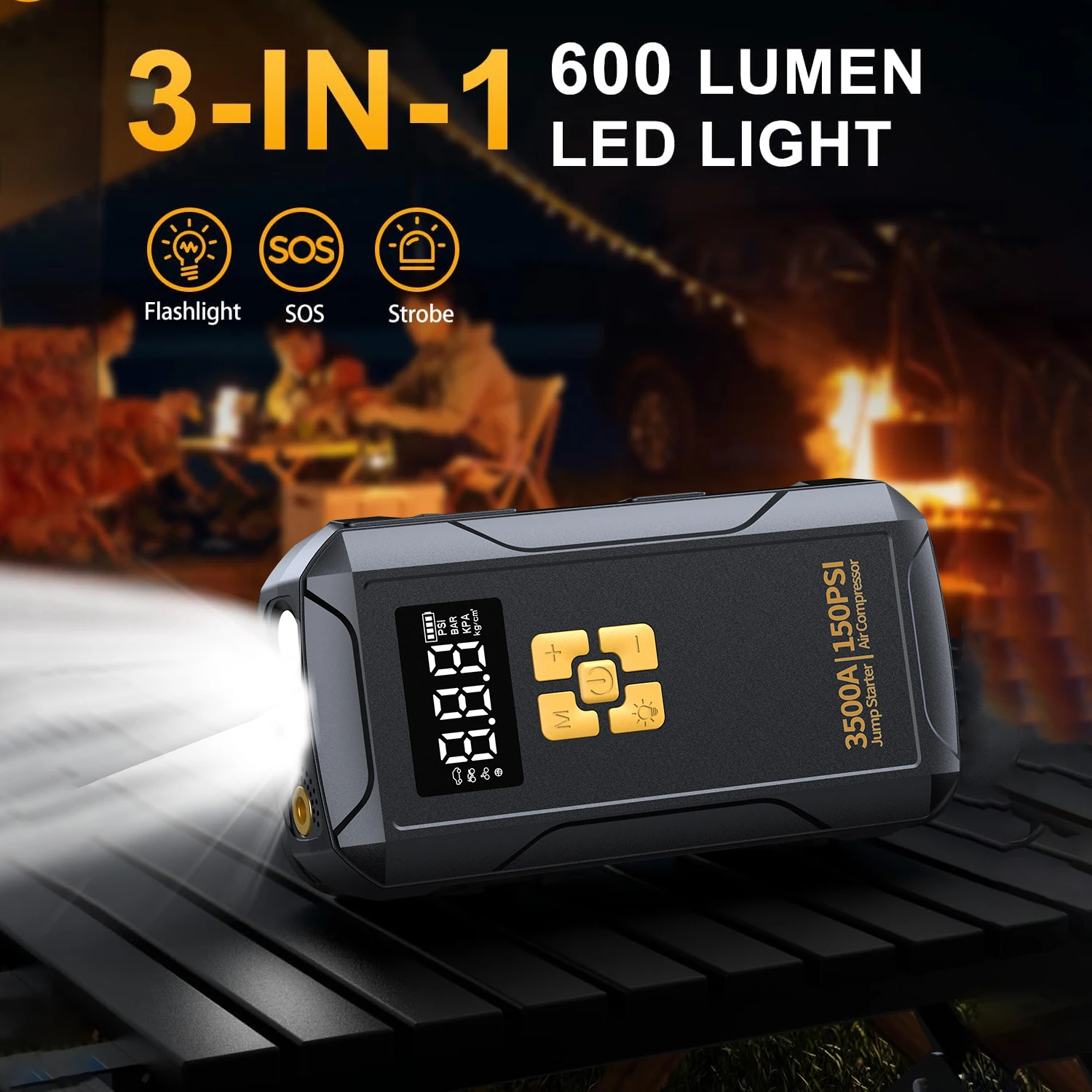 Jump starter com com compressor de ar 3500a jump starter 150psi bomba de ar multifuncional pneu inflator power bank iluminação para carro