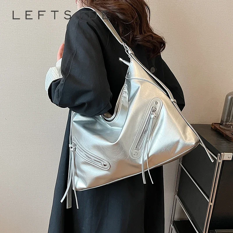 Leftside-Sacs à bandoulière argentés pour femmes, design à fermeture éclair, grands sacs initiés, sacs à main et sacs à main de luxe, mode coréenne, sac à bandoulière pour femme, 2023