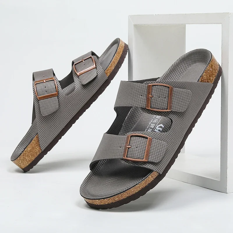 Thick Sole Men Cork Slippers Summer Casual Double Buckle Non-slip Clogs Slides Slip on Men Leather Beach Vacation Comfort Shoes