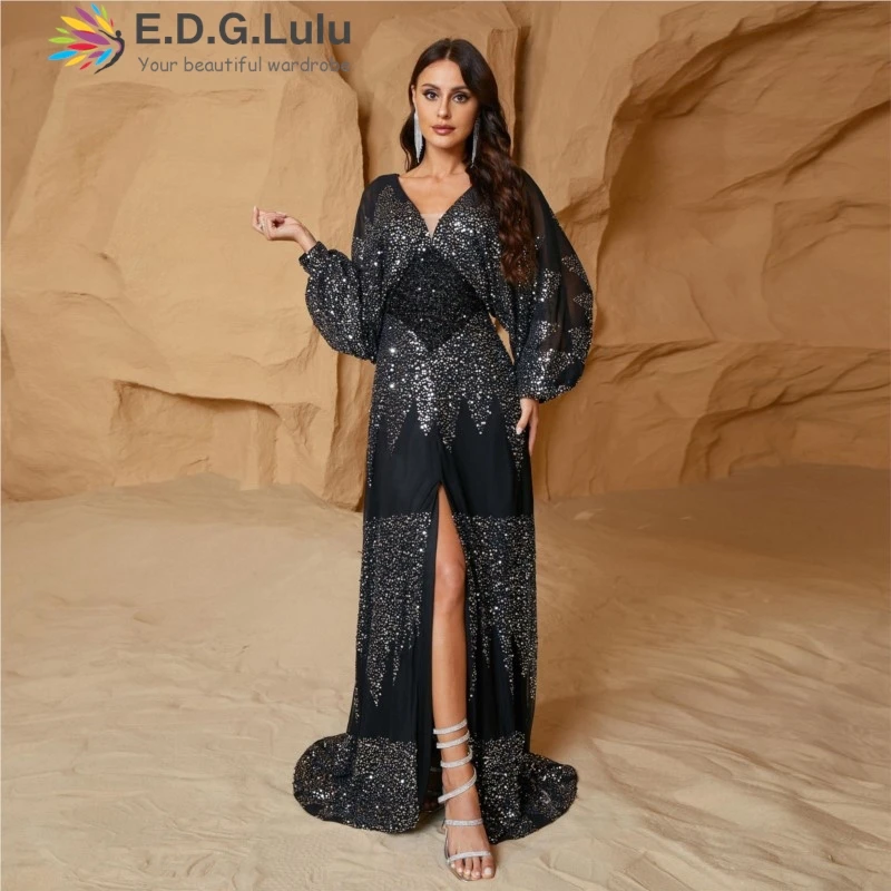 

EDGLuLu V-Neck Lantern Sleeves Birthday Dresses Luxury Mesh Splicing Black Sequins Dress Elegant High Slit Long Evening Gown0728