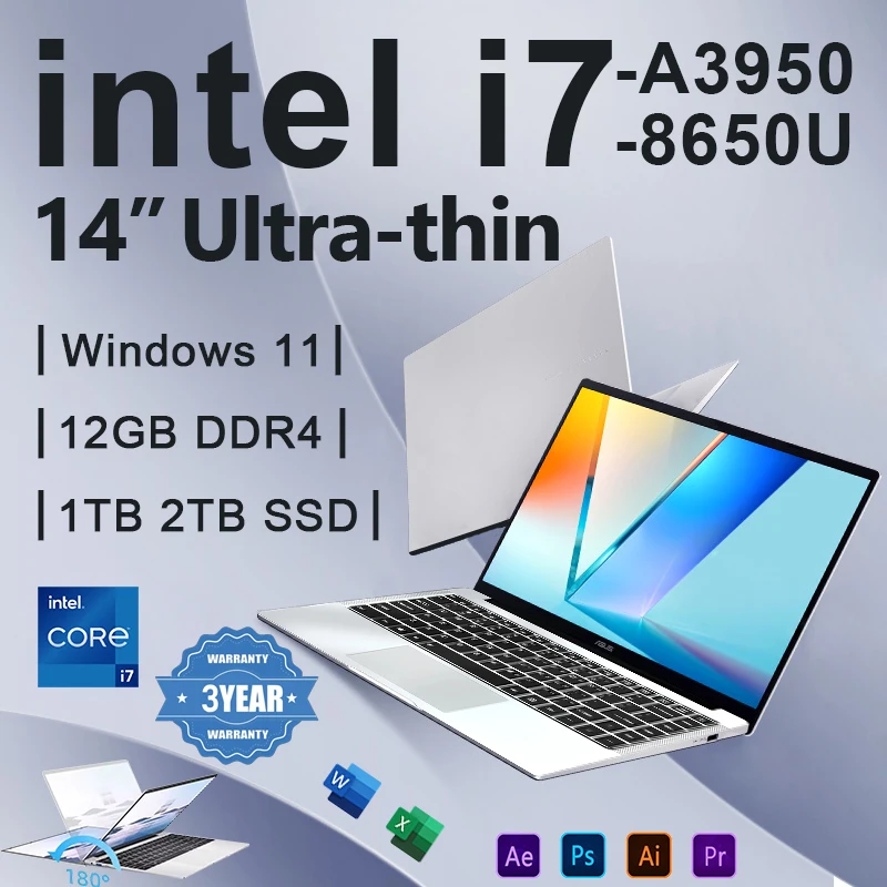 

2025 Office Laptop Windows 11 Pro intel i7 8650U Intel Atom A3950 14.1 inch Notebook Computer 12GB RAM 1TB 2TB SSD PC Gaming