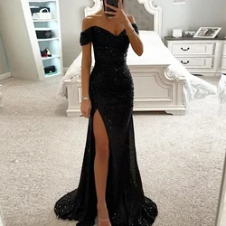 Chic and Elegant Women Evening Maxi Dresses 2024 Off-Shoulder Sequin Mermaid Prom Formal Gowns For Party Split Night Dress