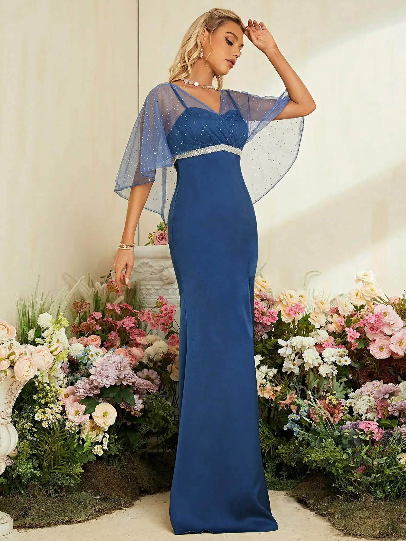 Mgiacy-Robe de soirée châle, col en V, buste plissé, ceinture de perles, robe de soirée Ding, robe de demoiselle d'honneur, robe senior PROM