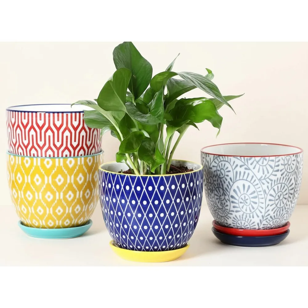 

5.6 Inch Ceramic Flower Pots with Drainage Hole and Saucer, Set of 4 Planters for Succulents Orchids Indoor Plants Home Decor