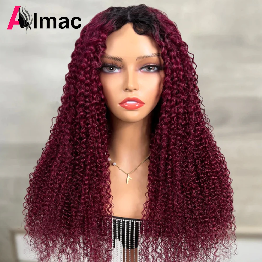 

180% Density 1B99j Kinky Curly 13x4 Transparent Lace Frontal Human Hair Wigs For Women Ombre Color Burgundy Indian Remy Hair