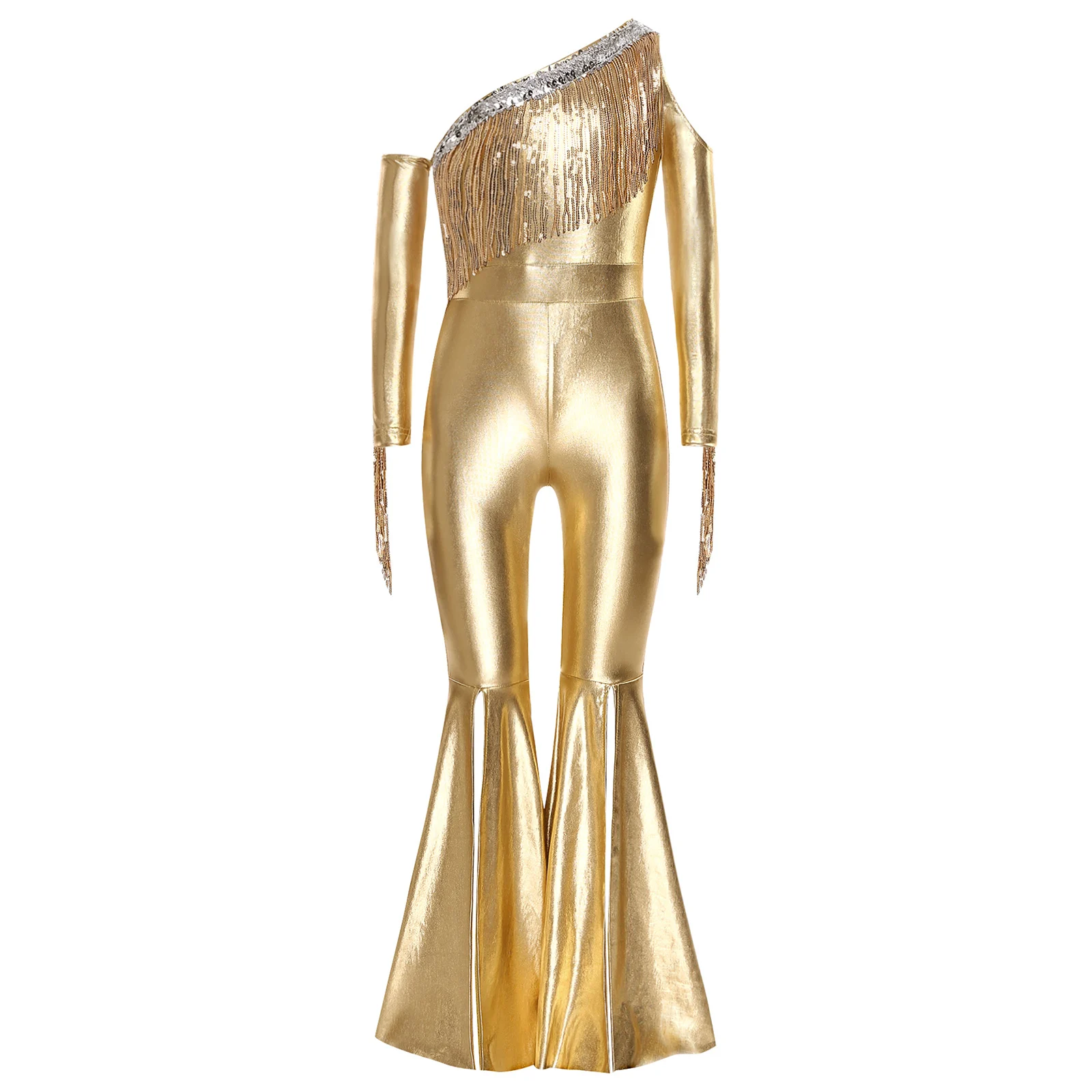 Kids Girls Disco Jazz Dance Jumpsuit Metallic Shiny Off Shoulder Sequin Tassel Bell Bottom Rompers for Birthday Pageant Party