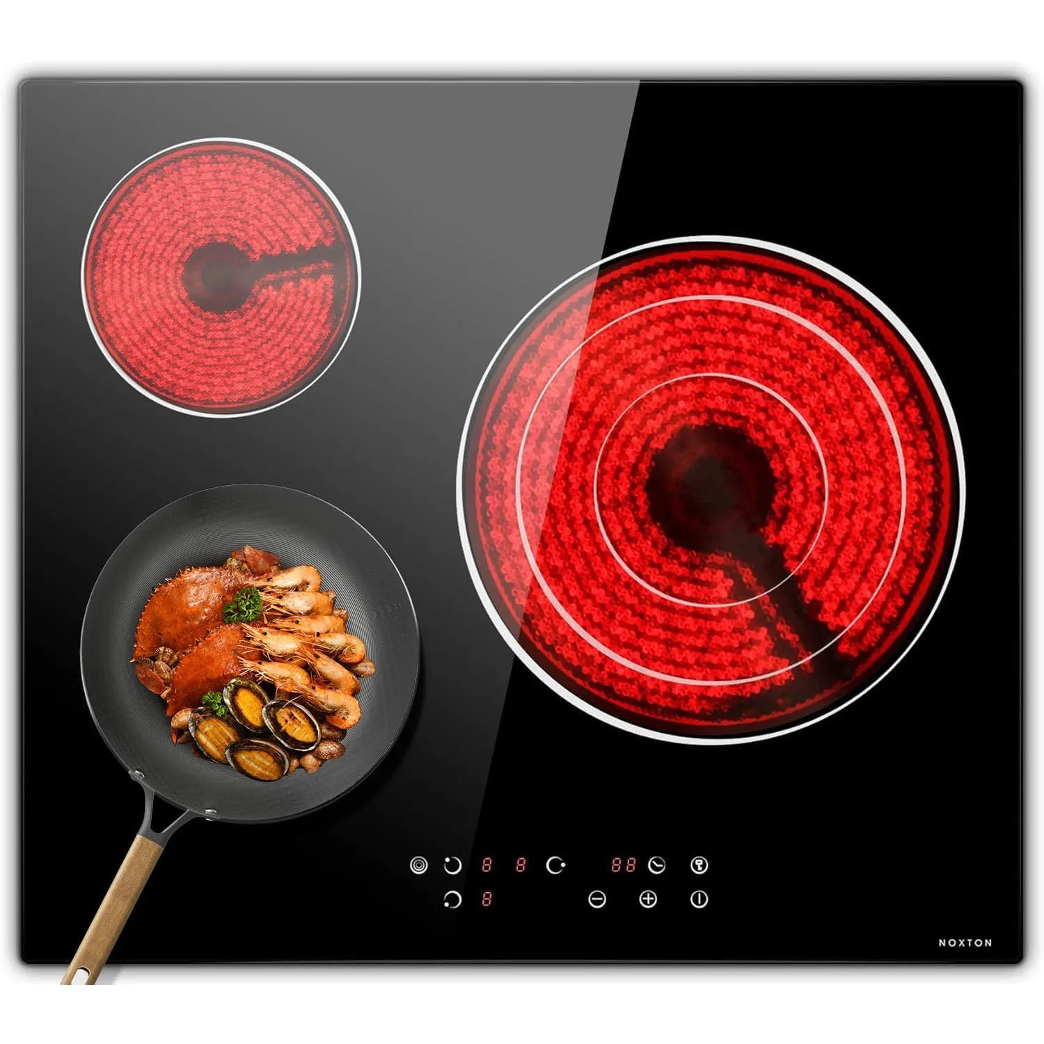 NOXTON Ceramic Hob 3 Zones, Built-in 60CM, 5700W, Expandable Zone, Touch control, 9 Power Levels, 99MinsTimer, No Plug, 220-240V