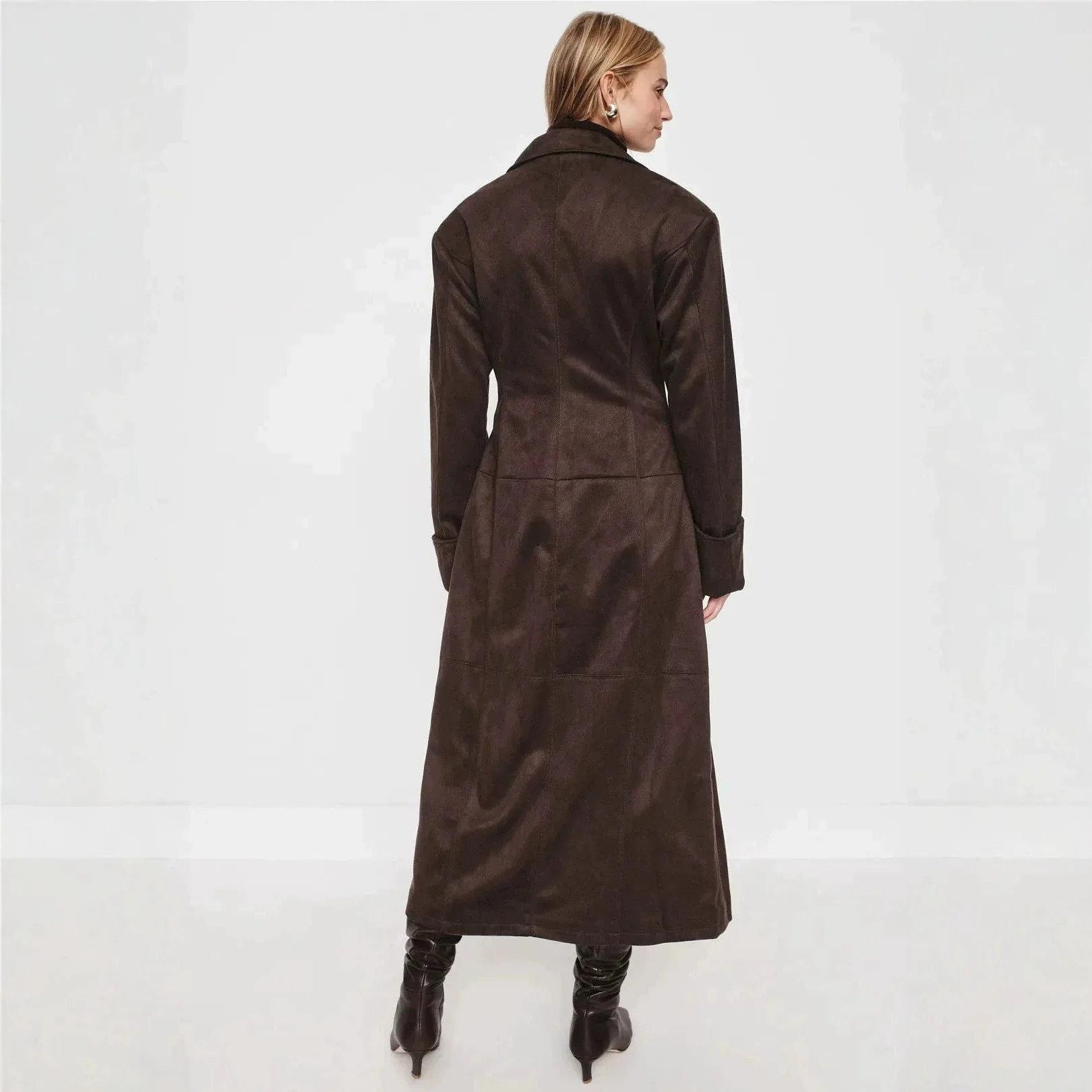 Europe, America, Popular Maillard Coffee Color Imitation Suede Coat Women's Waist Double-breasted Long Retro Trench Coat