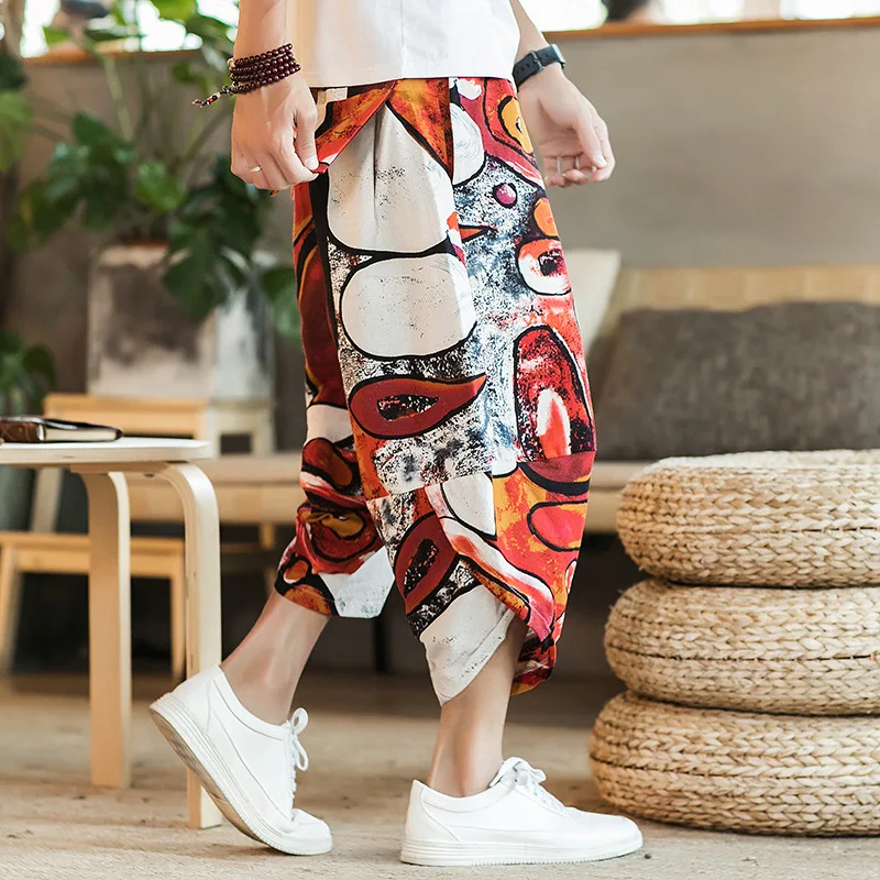 2024 Men Harajuku Summer Loose Calf Length Casual Pants Men Wide Leg Printing Baggy Pants Oversize Men Beach Trousers