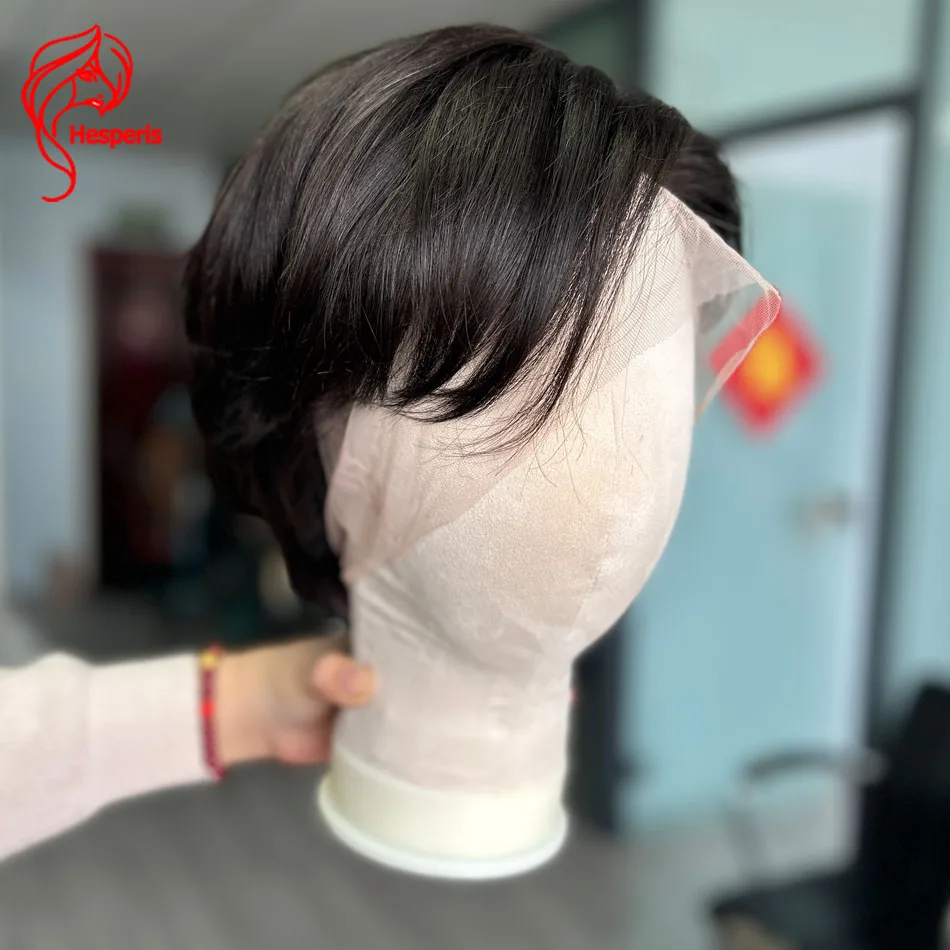 Hesperis Natural Color Full Lace Wig For Men Short Cut Human Hair Wigs Pre Styled Transparent Full Lace Male Wigs Side Bangs