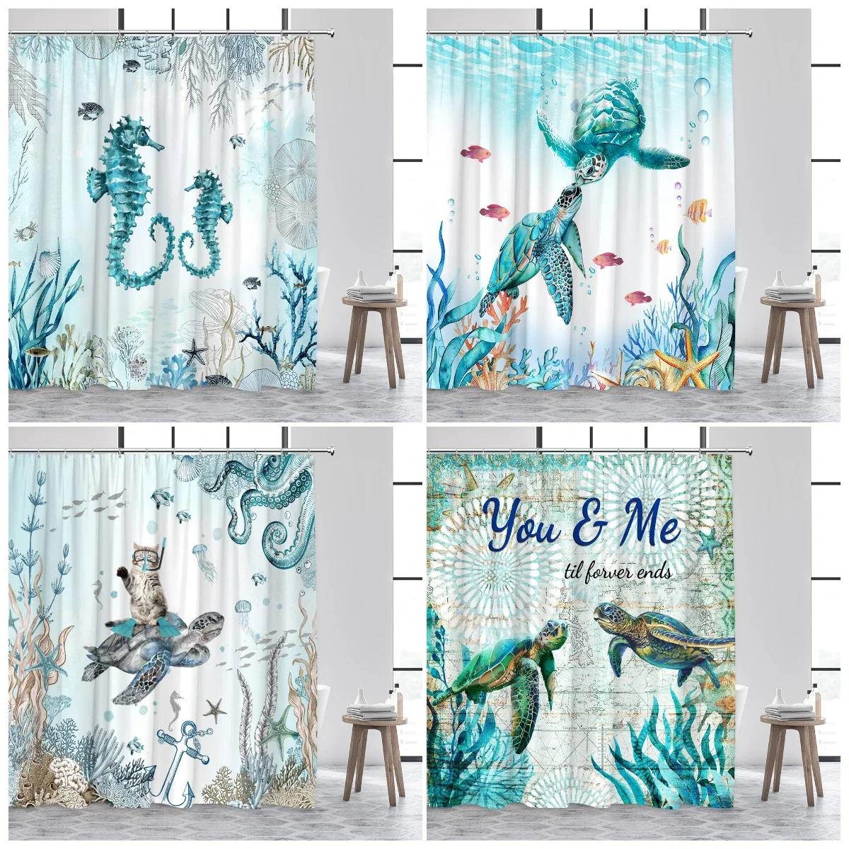 

Океан, морская черепаха, занавески для душа, морской конек, осьминог, морская звезда, морская трава, кошка для дайвинга, морские животные, занавеска для ванной комнаты, ткань для домашнего декора