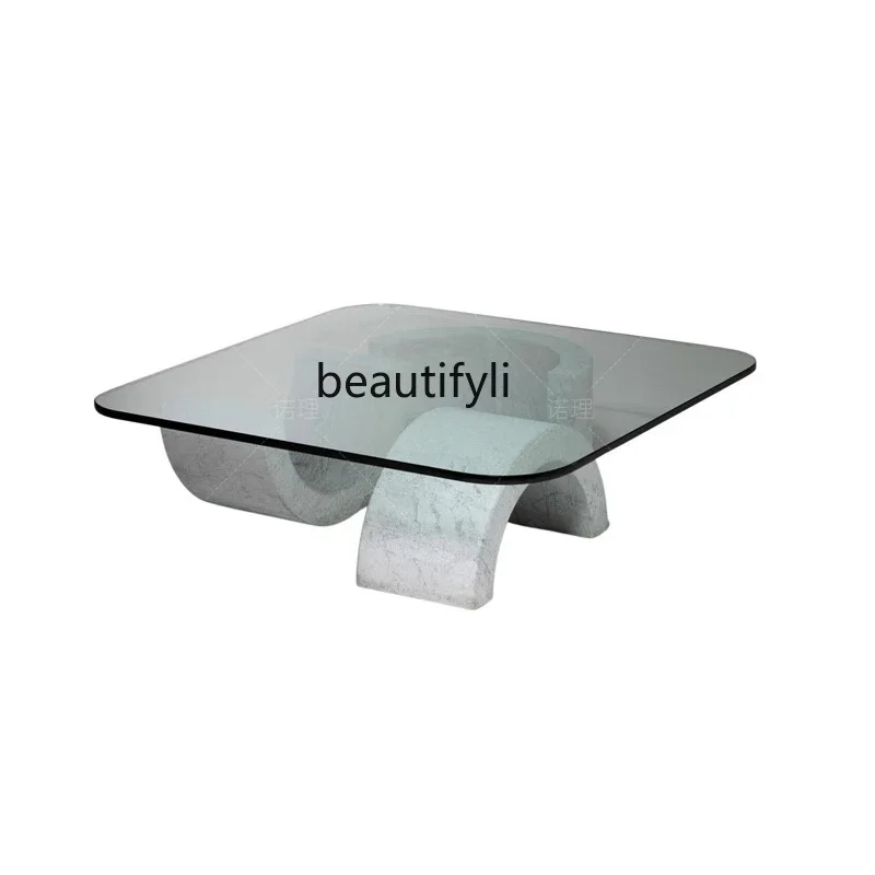 

Nordic natural marble living room coffee table light luxury B & B transparent tempered glass low coffee table