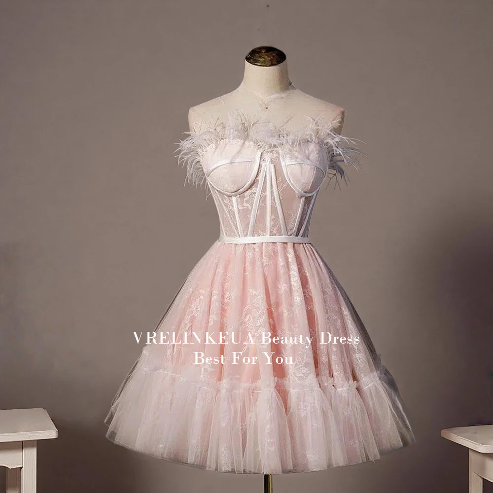 

Light Pink MIni Graduation Dress Full Lace With Feather Short Homecoming Dresses For Teens Customized Sweet 15 16 Wedding Gowns