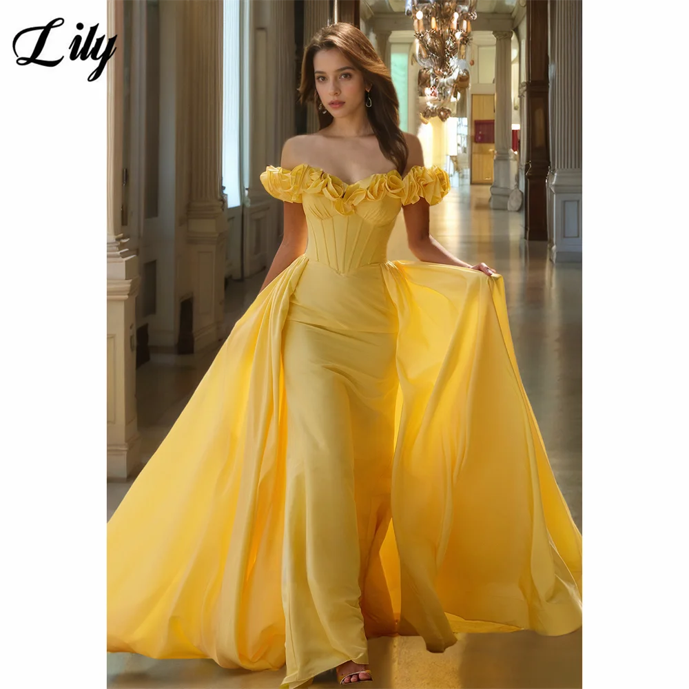 

Lily Yellow 3D Flower Evening Dresses فستان حفلات الزفاف Off Shoulder Mermaid Voluminous Prom Gown Customized