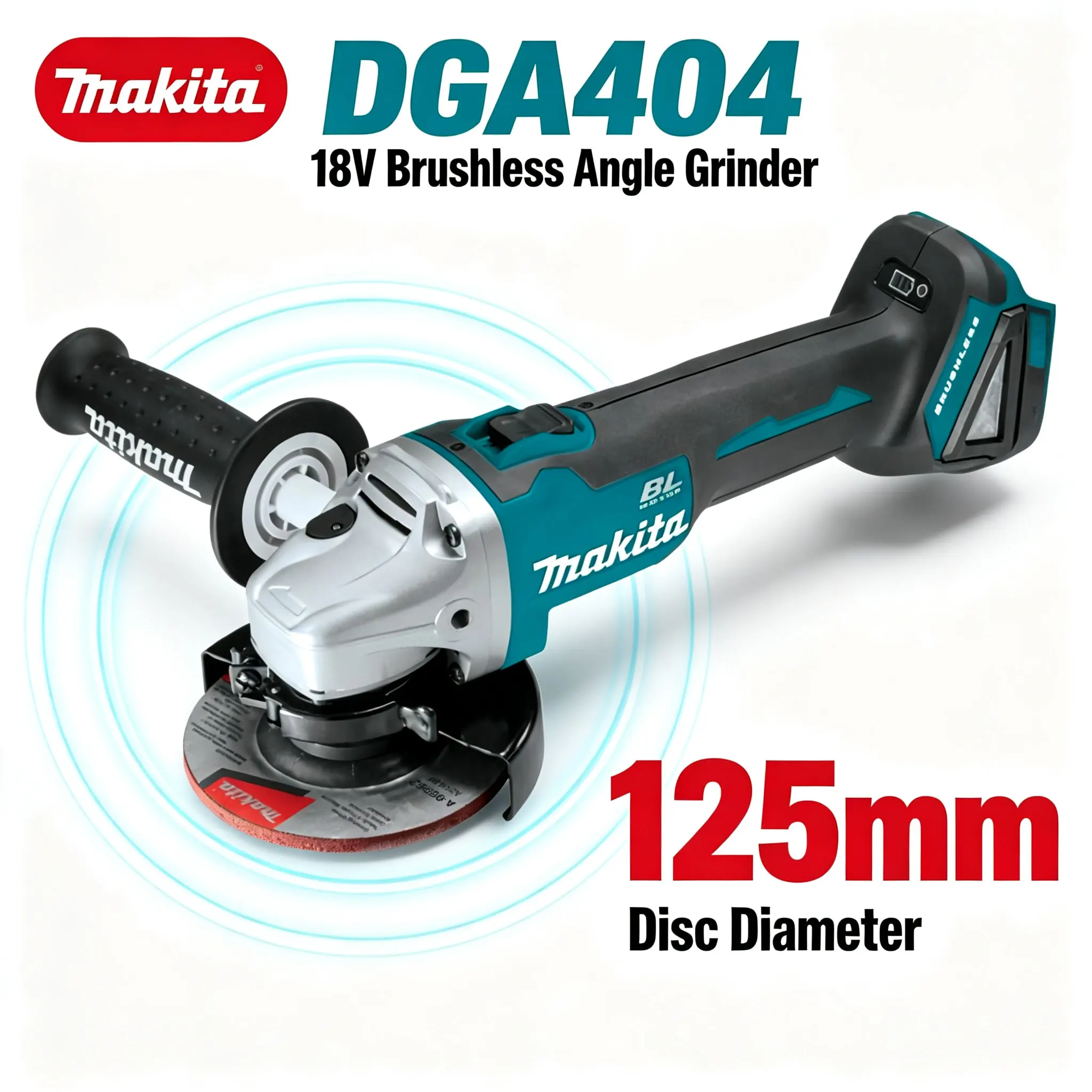 Smerigliatrice angolare a batteria Makita 18V DGA404, 125 mm, con motore a corrente continua e tecnologia agli ioni di litio, impugnatura ergonomica, utensile elettrico senza fili per la levigatura,