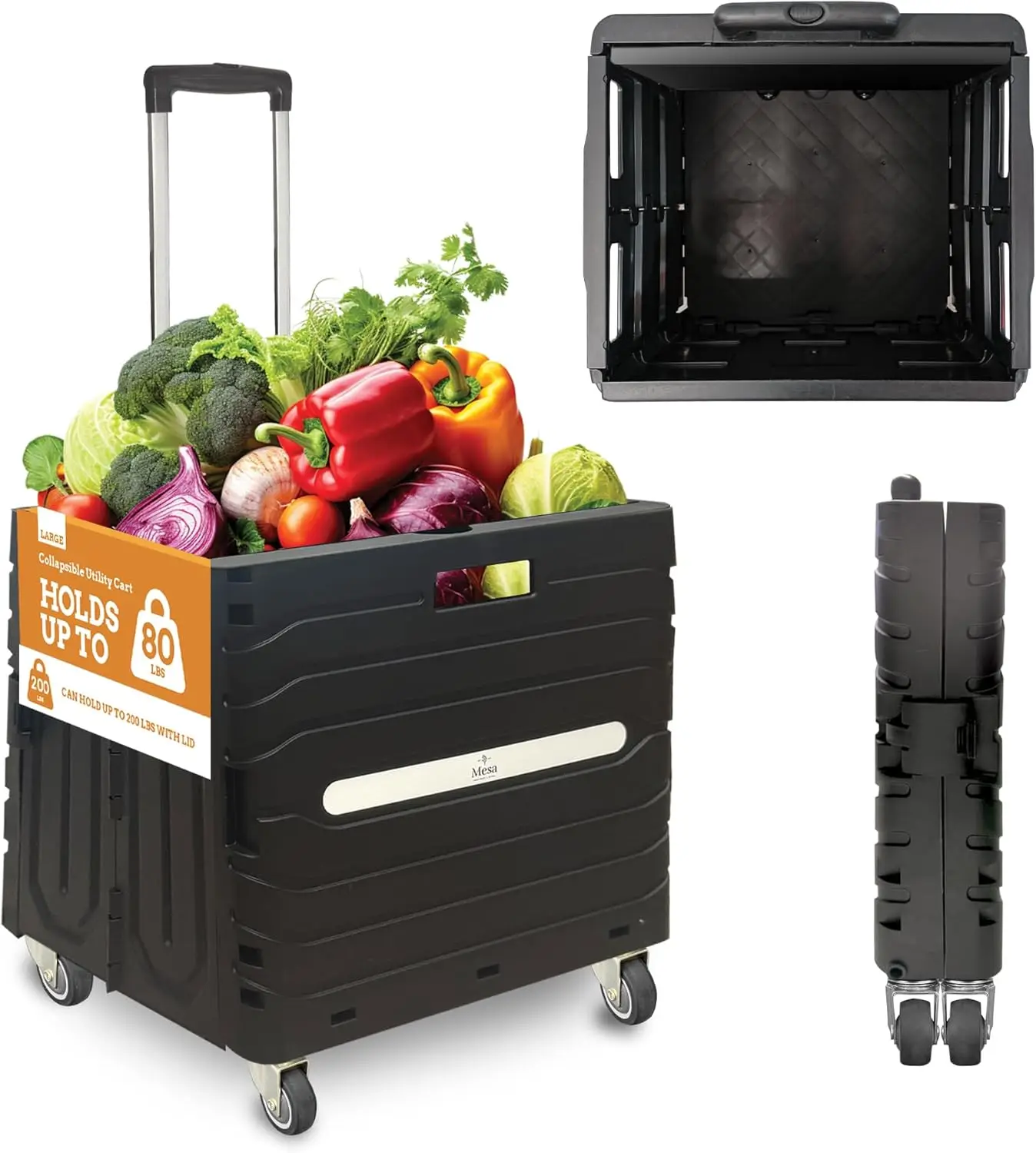 

Collapsible Utility Cart, Heavy-Duty Rolling Crate with 360° Wheels, Telescoping Handle, Holds 200 Lbs, Black