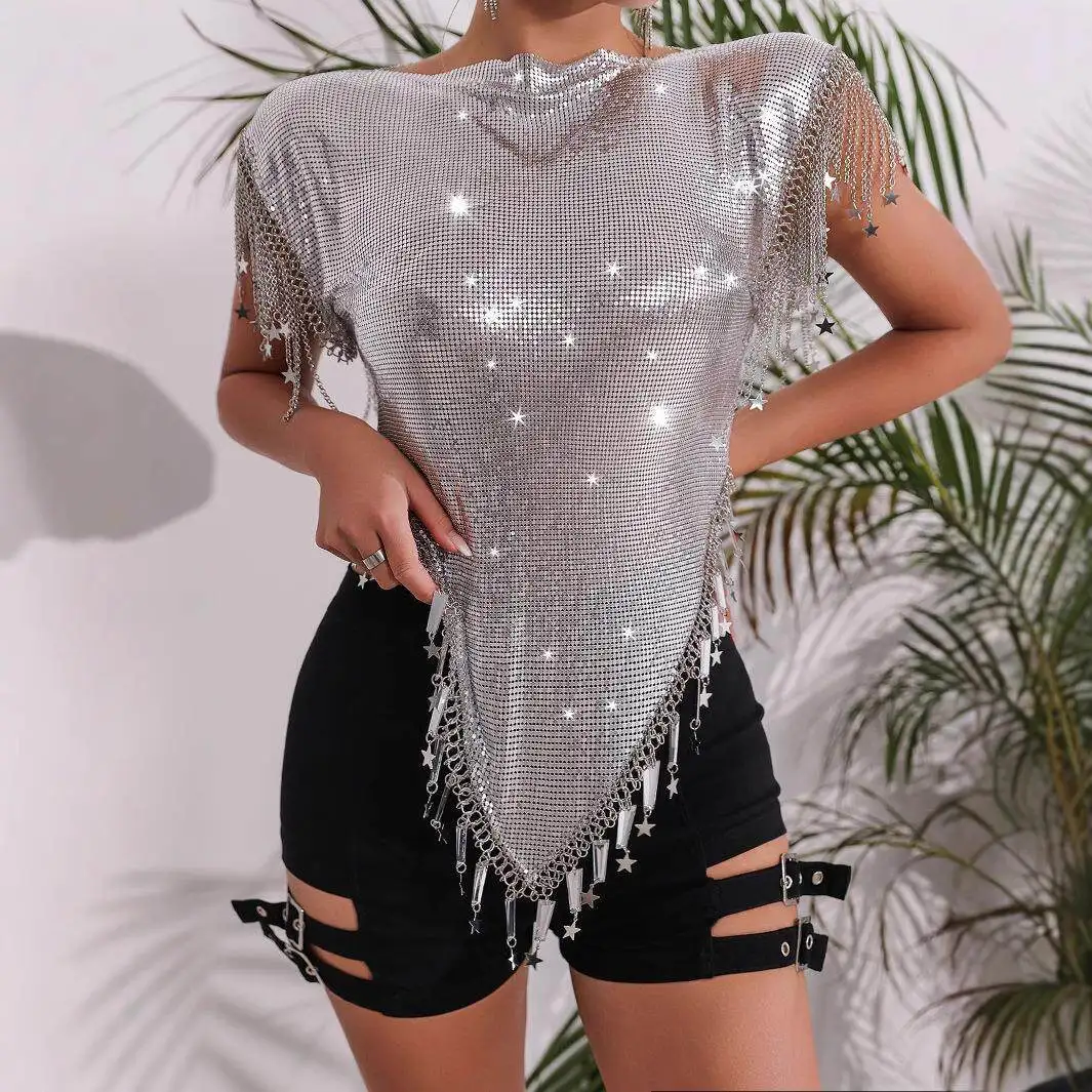 

Сексуальный металлический топ с пайетками и высоким воротником для клуба, женская блестящая вечерняя одежда, наряд для вечеринок, с рукавами 3/4, осенняя коллекция
