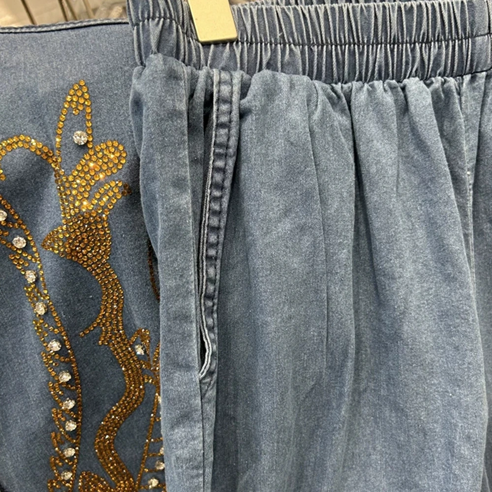 European design hot diamond diamond loose denim long-sleeved shirt top + elastic waist trousers two-piece suit for women-GZTZ001