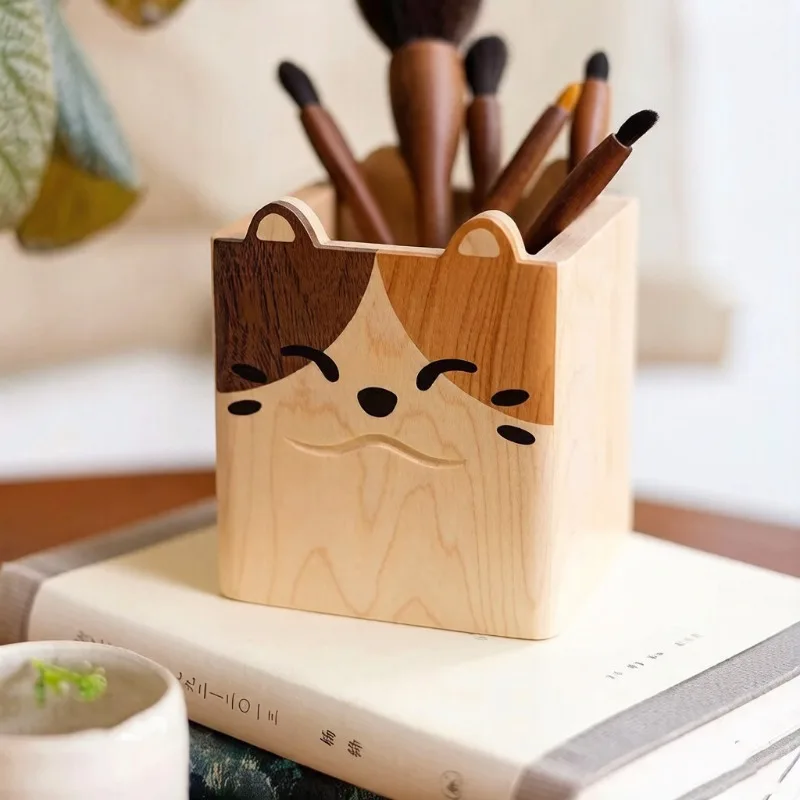 ✨ Cute Pet Wooden Pen Holder, Cat & Dog Design Desk Organizer, Multi-Wood Cosmetic Brush Storage Box, Kawaii Office Supplies