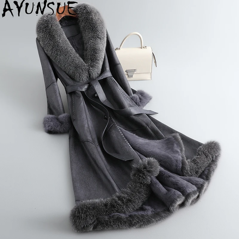 AYUNSUE Elegant Long Fur Coat for Women 2023 Autumn Winter Real Fur Coats Rabbit Fur Liner Slim Fur Jacket Fox Fur Collar Casaco