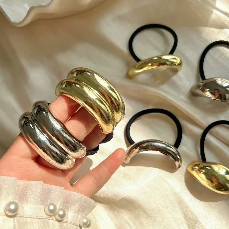 女性用パンクメタルヘアバンド,3ピース,ゴールドカラー,伸縮性のあるシュシュ,ポニーテール,女の子用ヘアアクセサリー,ファッション,新品