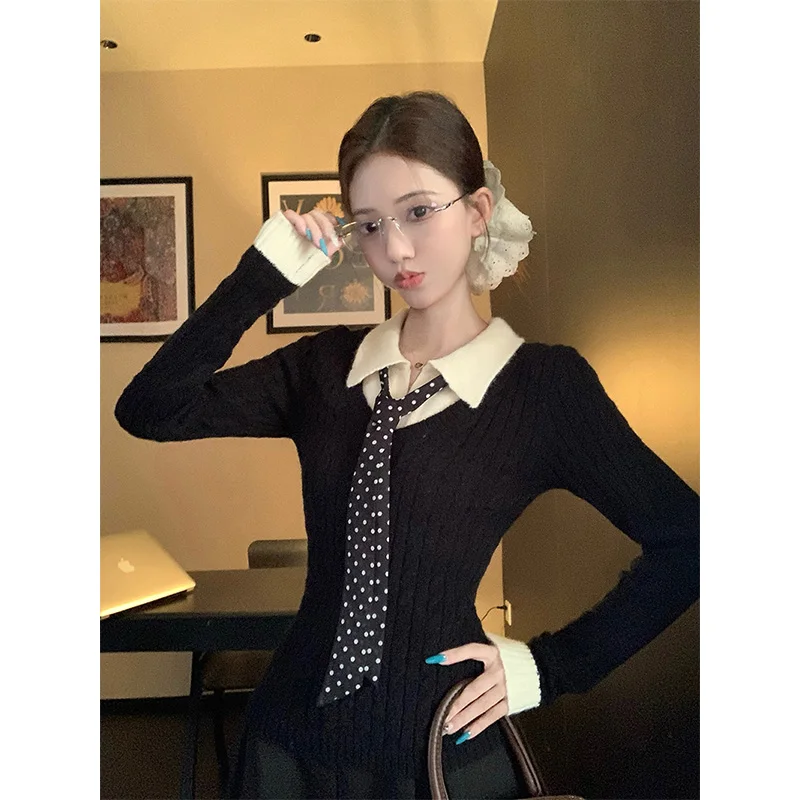 MEXZT Vintage Patchwork Sweater Women Streetwear Cropped Tie Black Knitted Pullovers Korean Red Knitwears Winter Slim Jumpers