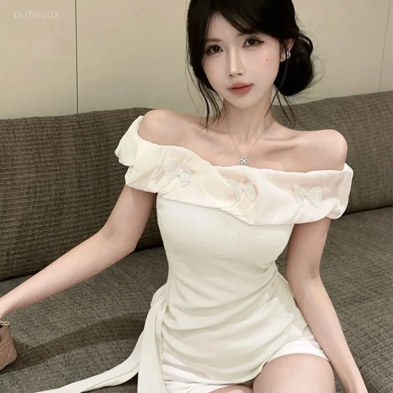 Pure Desire Style Off-shoulder Women's T-shirts Irregular Ropa mujer Short-sleeve Clothes Summer New Tops Roupas Feminina