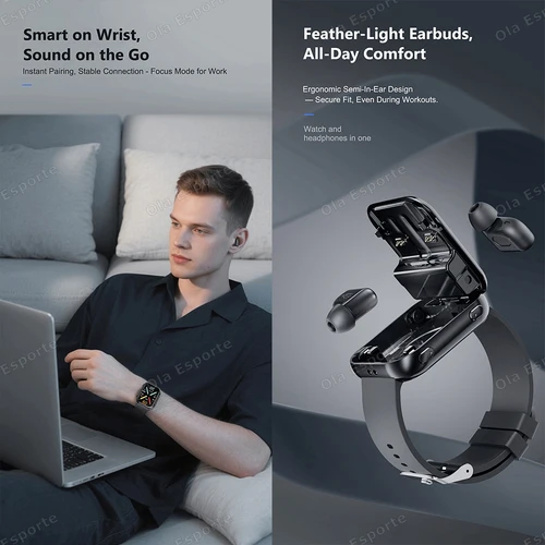 Imagen 2 del producto Nuevo reloj inteligente TWS 2 en 1 auriculares Bluetooth llamada Monitor de ritmo cardíaco salud auriculares reproducir música reloj inteligente deportivo impermeable